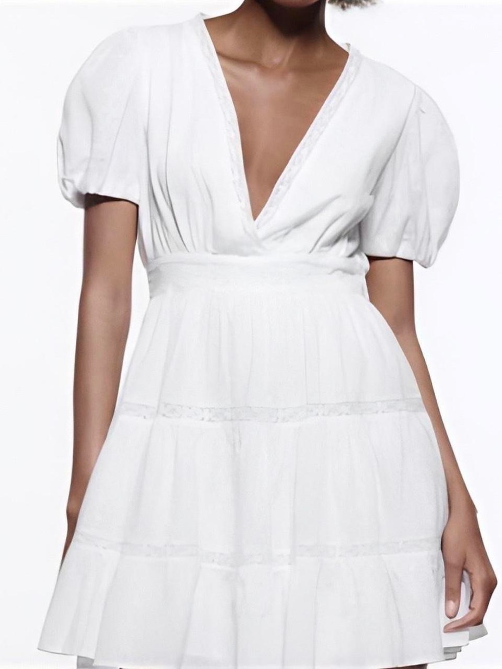 Zara White V-Neck Lace Inset Puff Sleeve Mini Dress